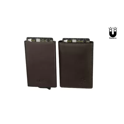 Duas carteiras magnéticas castanhas com cartões expostos e ícone magnético preto
