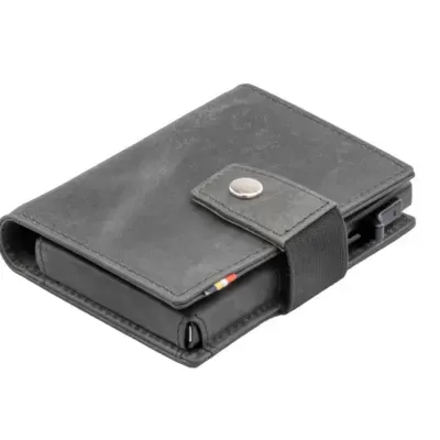 Carteira preta em pele sintética com fecho de botão de pressão