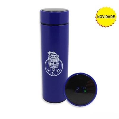 Garrafa térmica azul com emblema FCP e visor digital na tampa