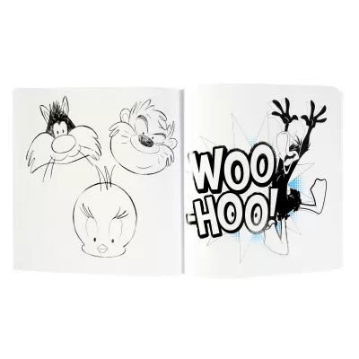 Livro aberto com desenhos a preto e branco e texto WOO-HOO! em preto e azul