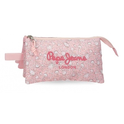 Estojo escolar rosa com padrão floral e logótipo Pepe Jeans London