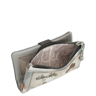 Carteira feminina cinza claro com fecho e detalhe de coração