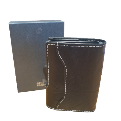 Carteira masculina preta em pele com costura branca e embalagem preta com texto RFID security