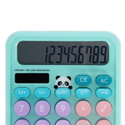 Calculadora azul turquesa com botões coloridos e desenho de panda