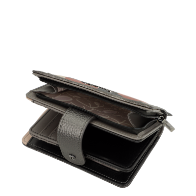 Carteira cinza de couro sintético com fecho e interior com padrão