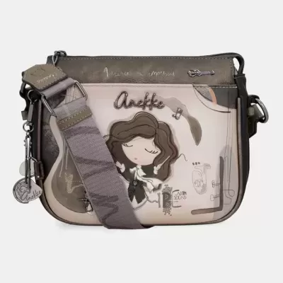 Mala Anekke bege e cinza com ilustração de menina e alça ajustável