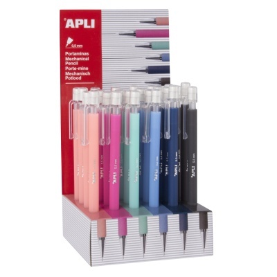 Expositor de portaminas mecânicos coloridos APLI em suporte branco e vermelho