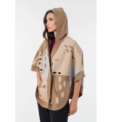 Capa bege com capuz e padrão abstrato com bolsos frontais