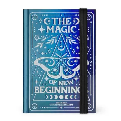 Agenda 2023 com capa azul e verde com ilustrações místicas e elástico preto