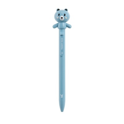 Caneta azul clara com cabeça de urso azul e clip com texto TEDDY HUG