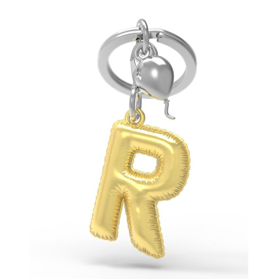 Anel de chave com balão prateado e letra R dourada balão