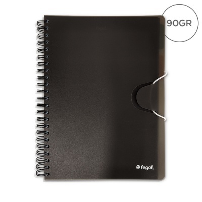 Caderno preto com espiral e fecho elástico branco