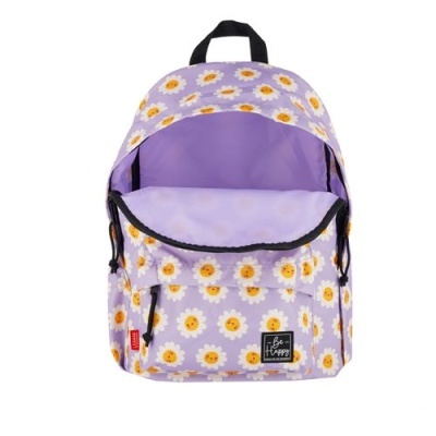 Mochila lilás com padrão de margaridas e etiqueta Be Happy