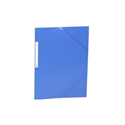 Pasta azul em plástico com fecho elástico diagonal e etiqueta branca
