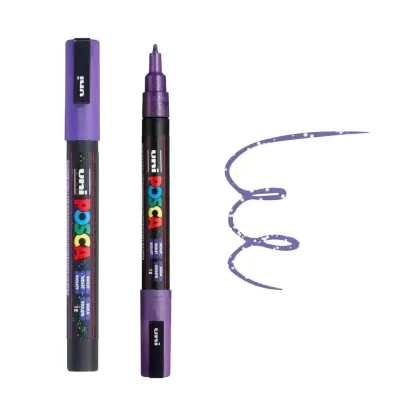 Marcadores uni POSCA roxos com traço roxo curvado.