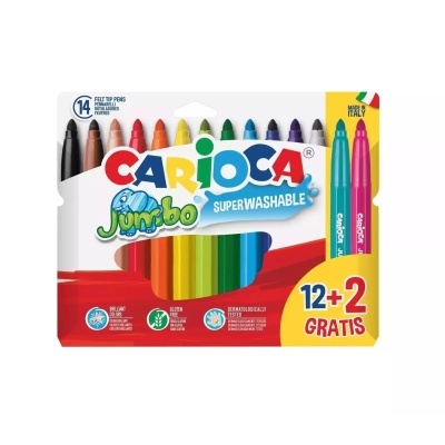 Conjunto de canetas de feltro coloridas Carioca Jumbo em embalagem com texto e design colorido