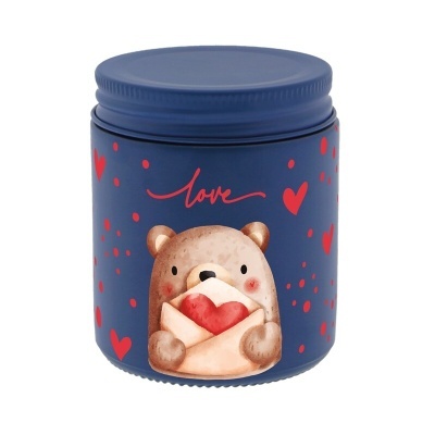 Frasco azul com estampa de urso e corações