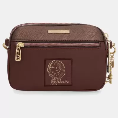 Bolsa castanha pequena em pele sintética com desenho e detalhes dourados