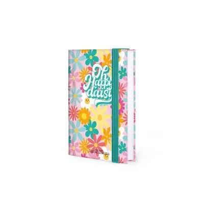 Caderno com capa dura colorida com flores e texto Oh Happy dais