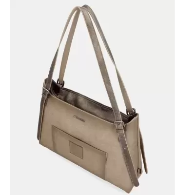 Mala de mão bege com alças castanhas e bolso exterior