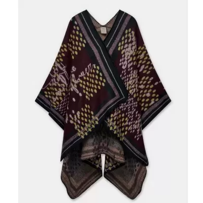 Poncho geométrico vinho, preto, amarelo e lilás com etiqueta Antik Batik