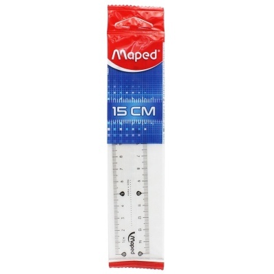 Régua transparente Maped 15 cm em embalagem vermelha e azul