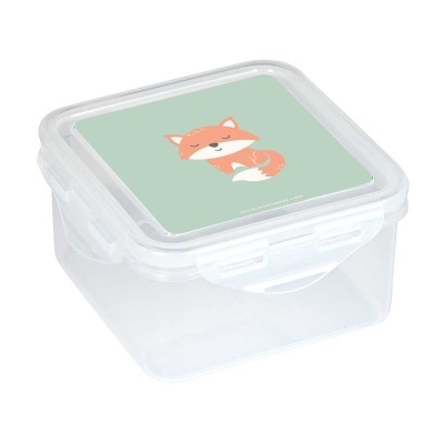 Caixa plástica transparente com tampa decorada com ilustração de raposa