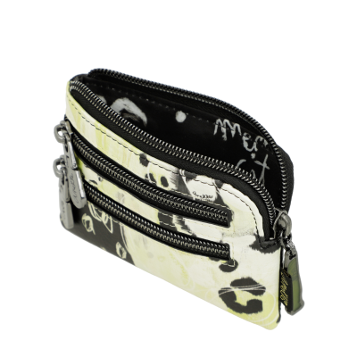 carteira pequena com padrão abstrato amarelo, preto e branco com três fechos de correr