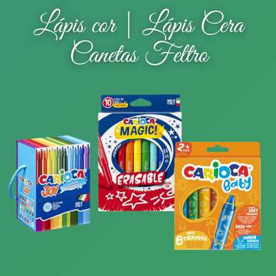 Três produtos de desenho CARIOCA em embalagens coloridas sobre fundo verde.
