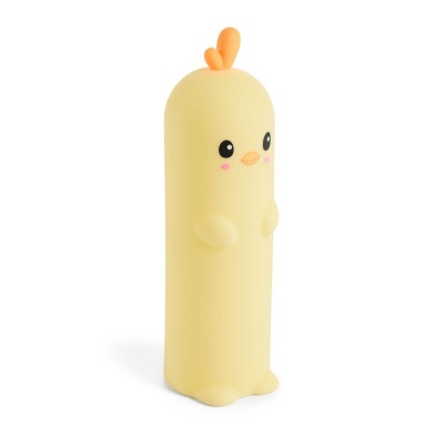 Recipiente amarelo em forma de pintainho com rosto e bochechas cor de rosa