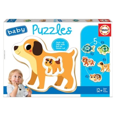 Caixa de puzzle baby com desenho de cão castanho e criança no canto