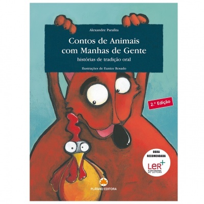 Capa do livro Contos de Animais com Manhas de Gente com ilustração de um cão e um galo