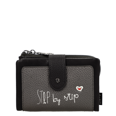 Carteira em couro cinzento e preto com texto e coração decorativos