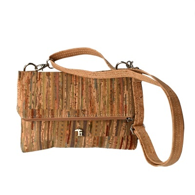 Mala de tiracolo em cortiça com padrão de riscas verticais