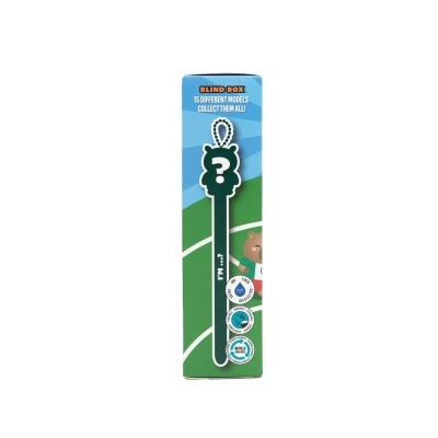 Embalagem azul e verde para brinquedo colecionável chamada BLIND BOX