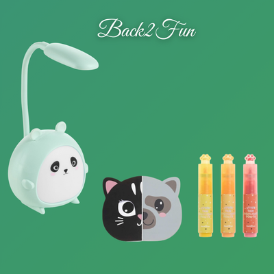 Luminária de panda, máscaras de gatos e géis coloridos com texto Back2 Fun