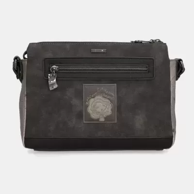 Mala tiracolo cinzenta e preta com bolso e desenho frontal