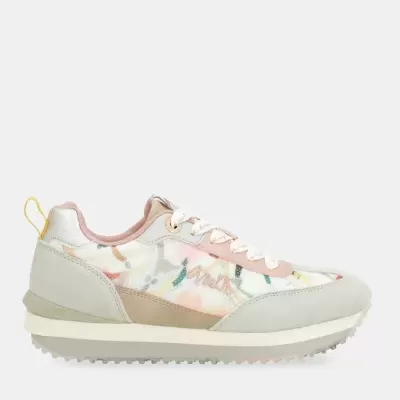 Ténis desportivo feminino colorido com sola branca e detalhes em cinza