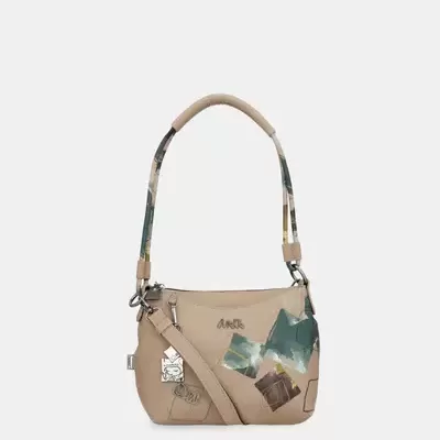 Mala de mão bege com alça destacável decorada e manchas coloridas