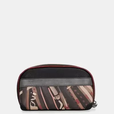 Bolsa pequena com padrão abstracto em tons castanhos e detalhe vermelho