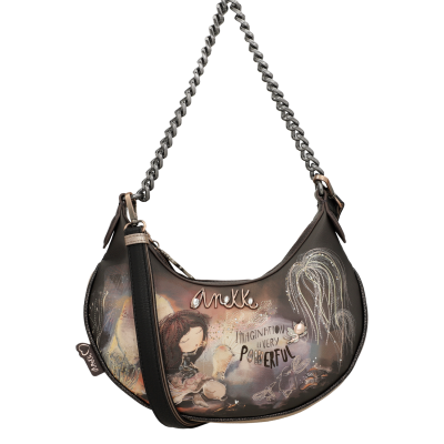 Mala de ombro Anekke castanha com ilustração de menina e texto