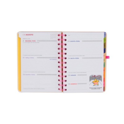 Agenda semanal aberta com separadores coloridos e texto em português nas páginas.