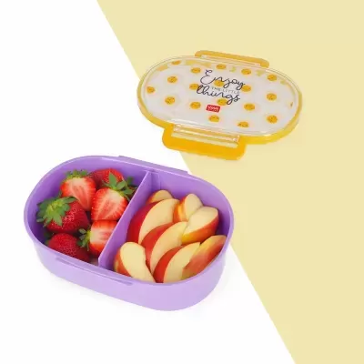 Doseador roxo com tampa amarela e padrão girassol, com frutas dentro