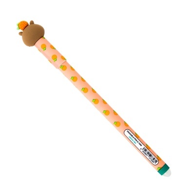 Caneta apagável com decoração de laranjas e tampa castanha com figura de laranja.