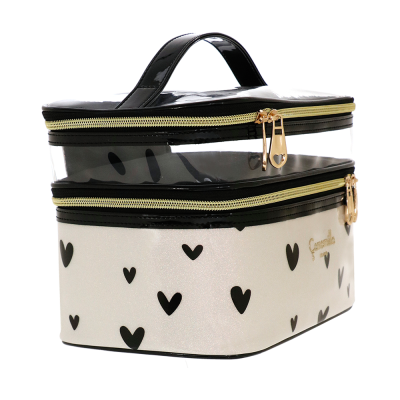 Estojo duplo para cosméticos com padrão de corações pretos em fundo branco perolado