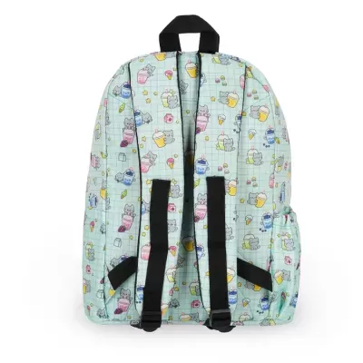 Mochila verde claro com padrão de ratinhos e copos de gelado coloridos e alças pretas