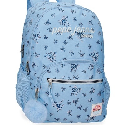 Mochila azul clara com padrão floral e pompom azul