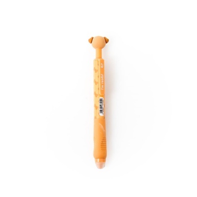 Caneta mecânica laranja com tampa em forma de cabeça de cachorro