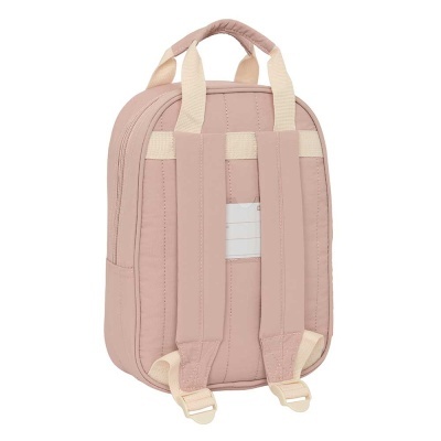 Mochila rosa claro para criança vista de costas com alças bege