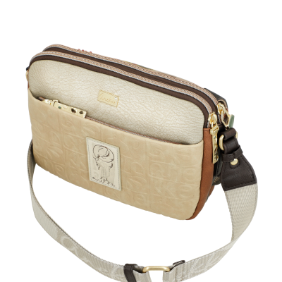 Bolsa de ombro Anekke bege e castanha com dois compartimentos e alça ajustável